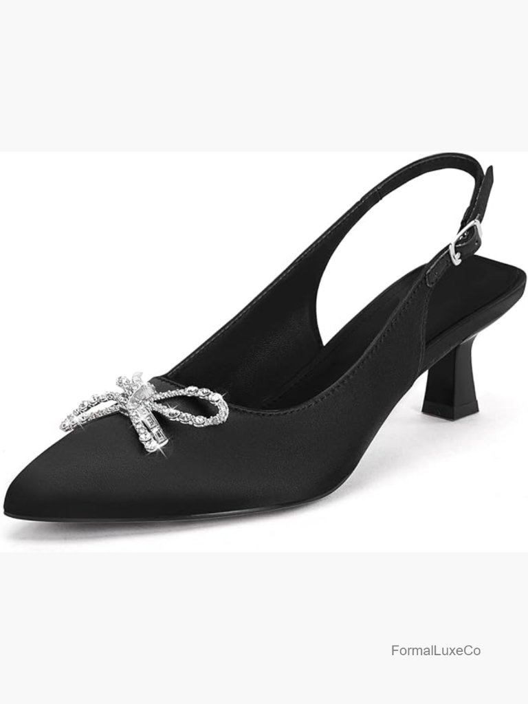 Satin Slingback Kitten Heels Rhinestone Bow Pointed Toe Pumps